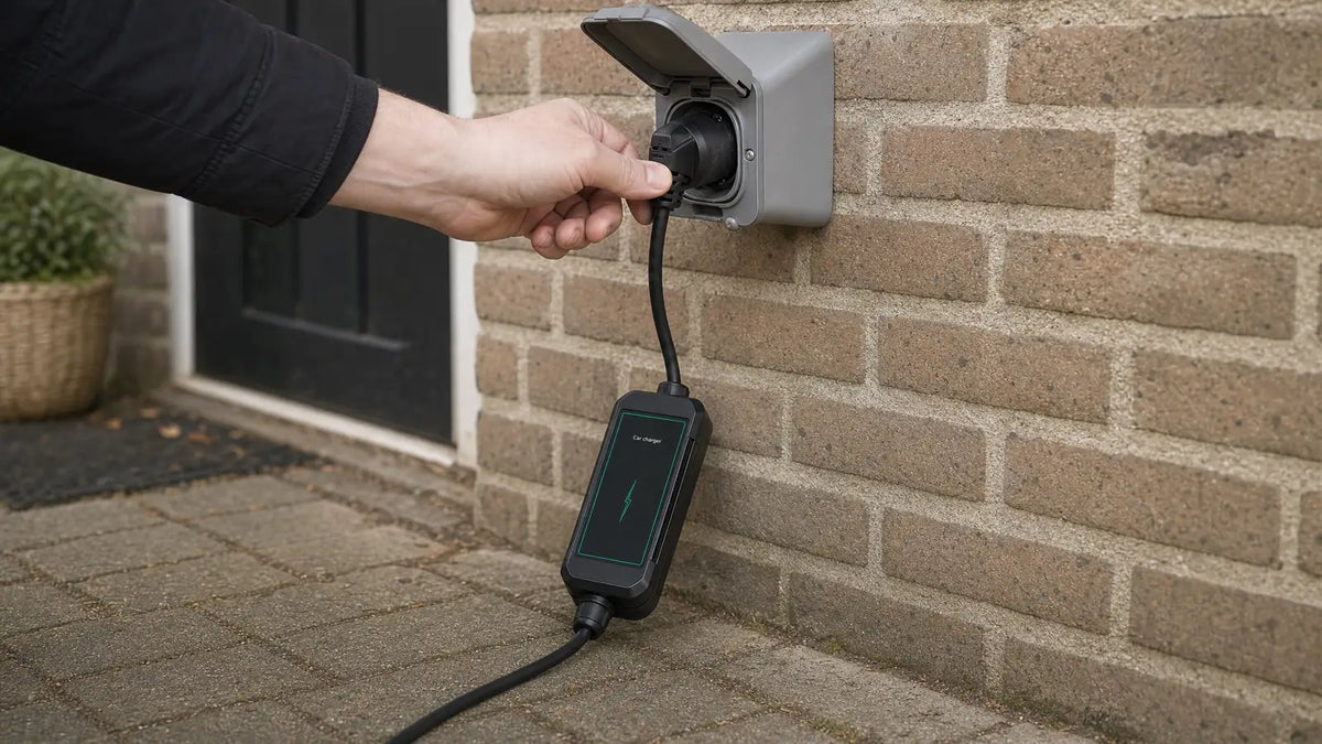 Hand die de stekker van een mobiele thuislader in een buitenstopcontact steekt