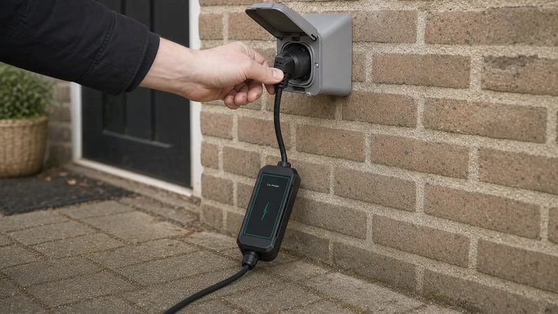 Hand die de stekker van een mobiele thuislader in een buitenstopcontact steekt