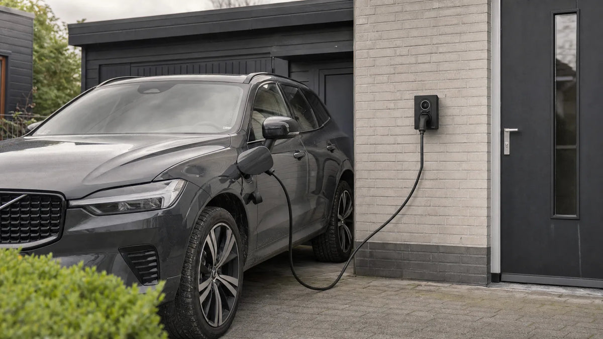Plug-in hybride die thuis laadt aan een laadpaal