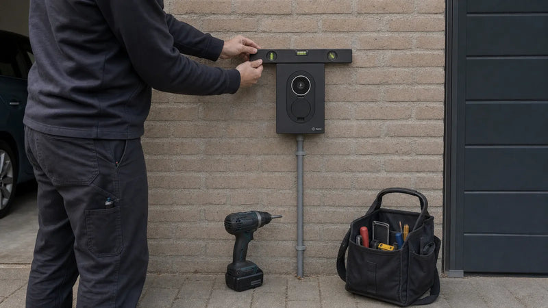 Installateur die met een waterpas controleert of een nieuw gemonteerde laadpaal recht hangt