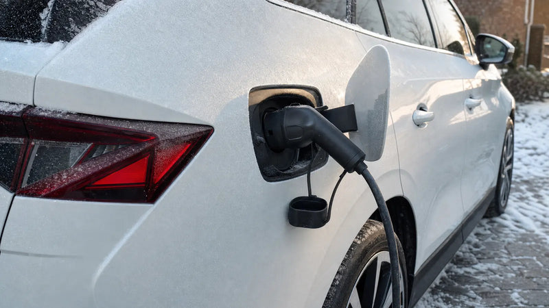 Laadkabel in de laadpoort van een elektrische auto op een koude winterochtend