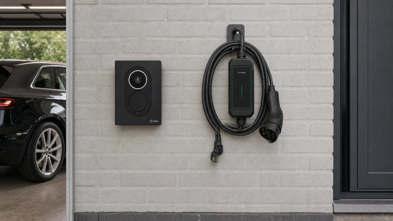 Laadpaal en mobiele thuislader naast elkaar aan een garagemuur