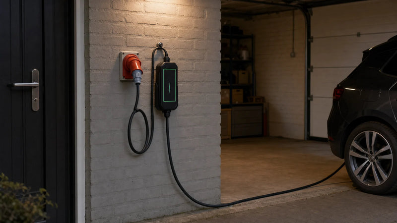 Mobiele thuislader voor krachtstroom 's avonds aangesloten in een garage