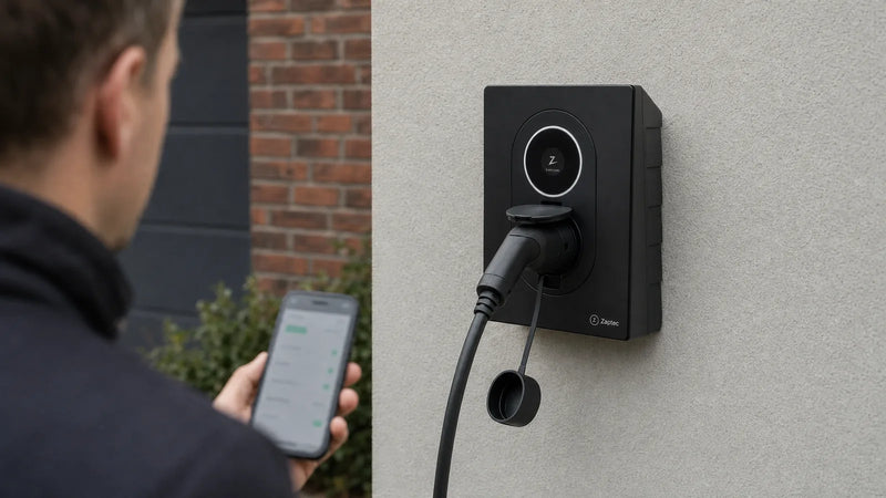 Iemand bekijkt de laadpaal-app op een telefoon voor een laadpaal waar een laadkabel in zit