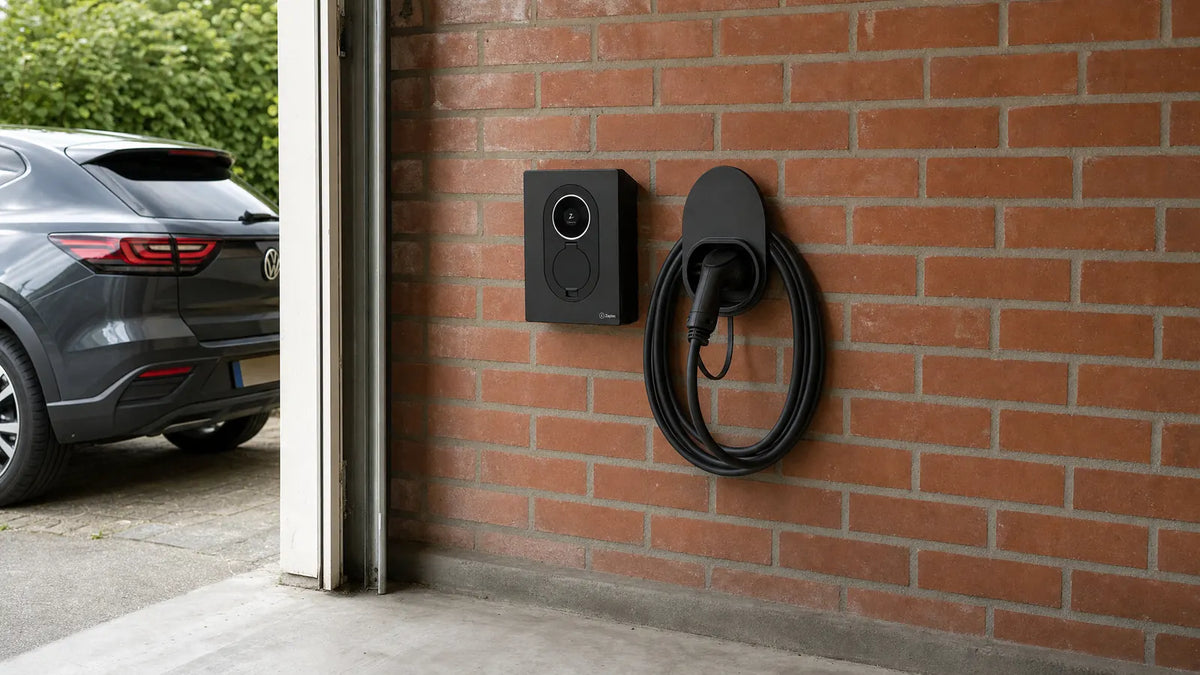 Laadpaal en kabelhouder aan de garagemuur, met de laadkabel netjes opgehangen