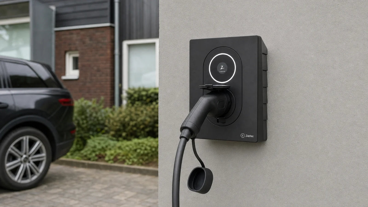 Laadpaal met een ingestoken laadkabel van dichtbij