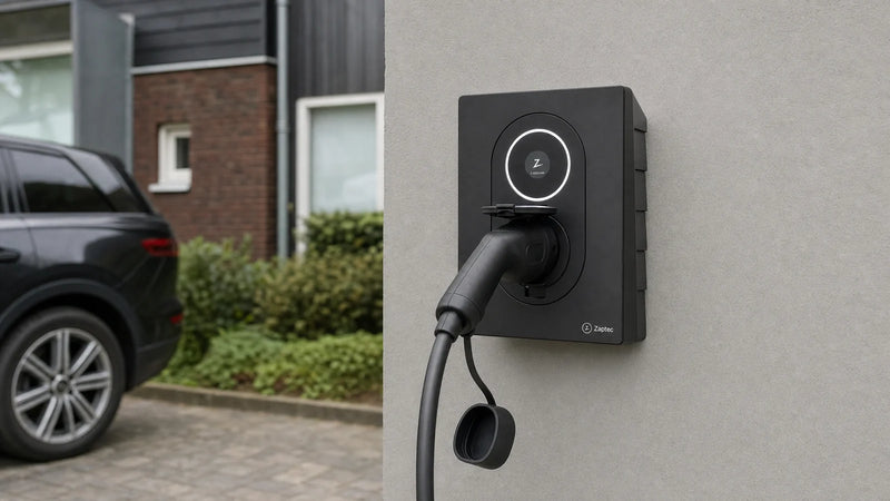 Laadpaal met een ingestoken laadkabel van dichtbij