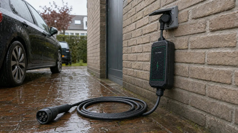 Mobiele thuislader in de regen op een oprit, aangesloten op een buitenstopcontact