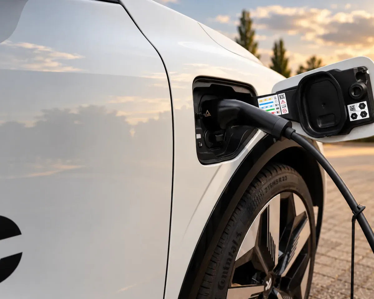 Laadkabel in de laadpoort van een witte elektrische auto