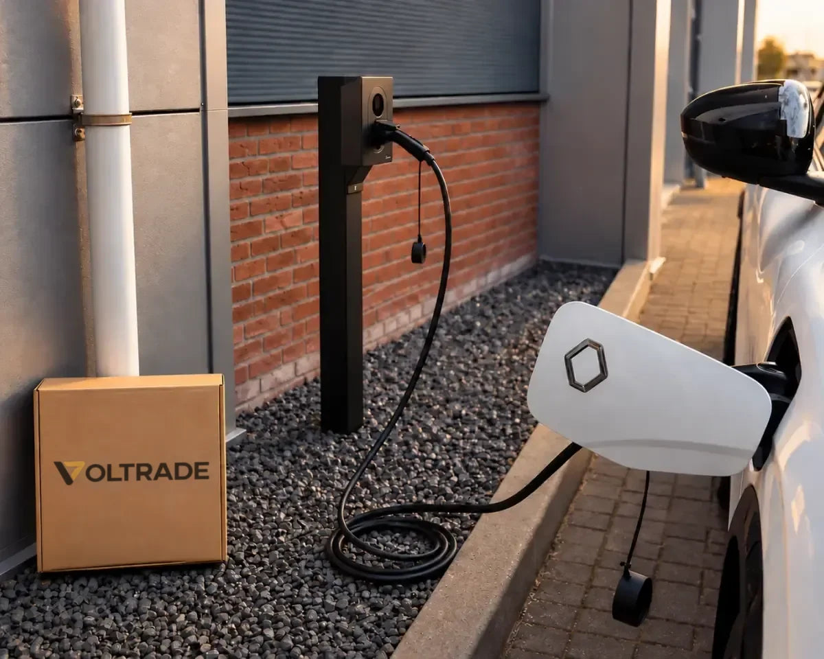 Elektrische auto laadt met een laadkabel aan een laadpaal, met een doos van Voltrade ernaast