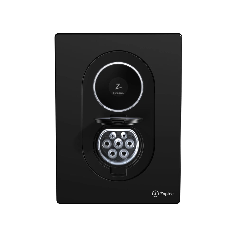 Zaptec Go 2 laadpaal in zwart met de Type 2-aansluiting in beeld