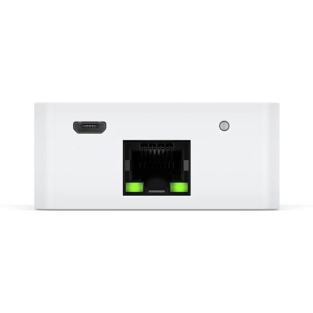 Vooraanzicht van de Zaptec Sense P1 met usb-aansluiting, statuslampje en een aangesloten poort met groene lampjes.