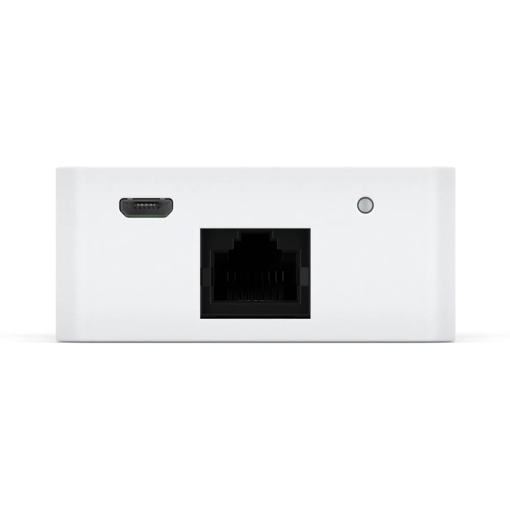 Vooraanzicht van de witte Zaptec Sense P1 met de usb-aansluiting voor stroom, de netwerkpoort en het statuslampje.